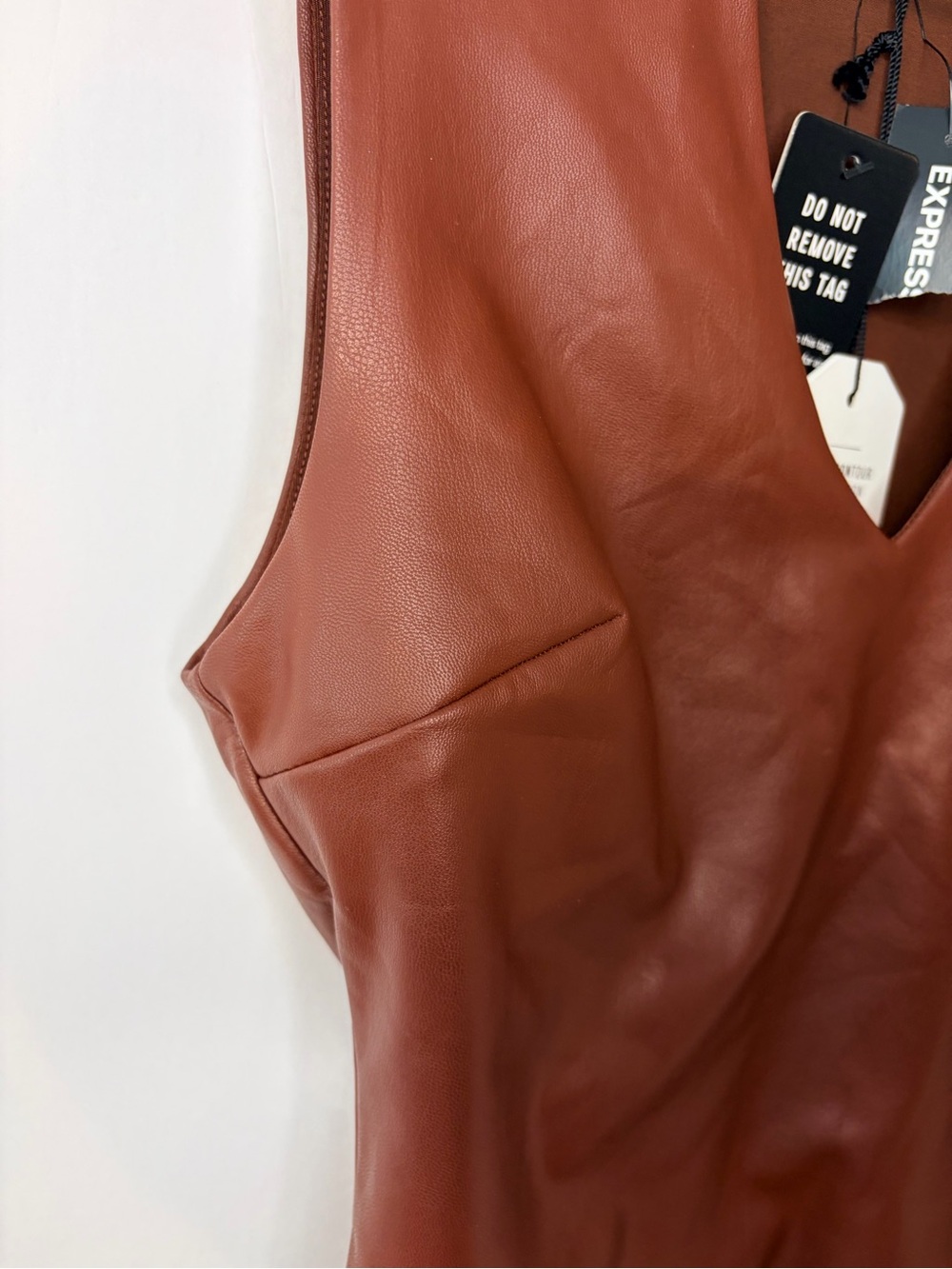 Express Women’s Body Contour Brown Faux Leather V Neck Bodysuit, Size XS - Picture 2 of 6